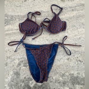 Hurley Blue & Brown Geometric Tie-Side Bikini